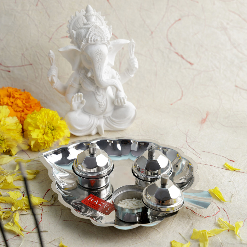 HAZEL Haldi Kumkum Box For Puja | Multi-Purpose Leaf Shaped Stainless Steel Karanda Sindoor Box Pooja | Paan Koiri Kunku Container (13.5 x 5 cm)