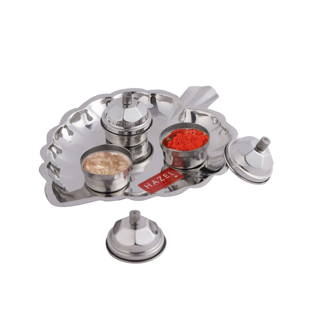 HAZEL Haldi Kumkum Box For Puja | Multi-Purpose Leaf Shaped Stainless Steel Karanda Sindoor Box Pooja | Paan Koiri Kunku Container (13.5 x 5 cm)