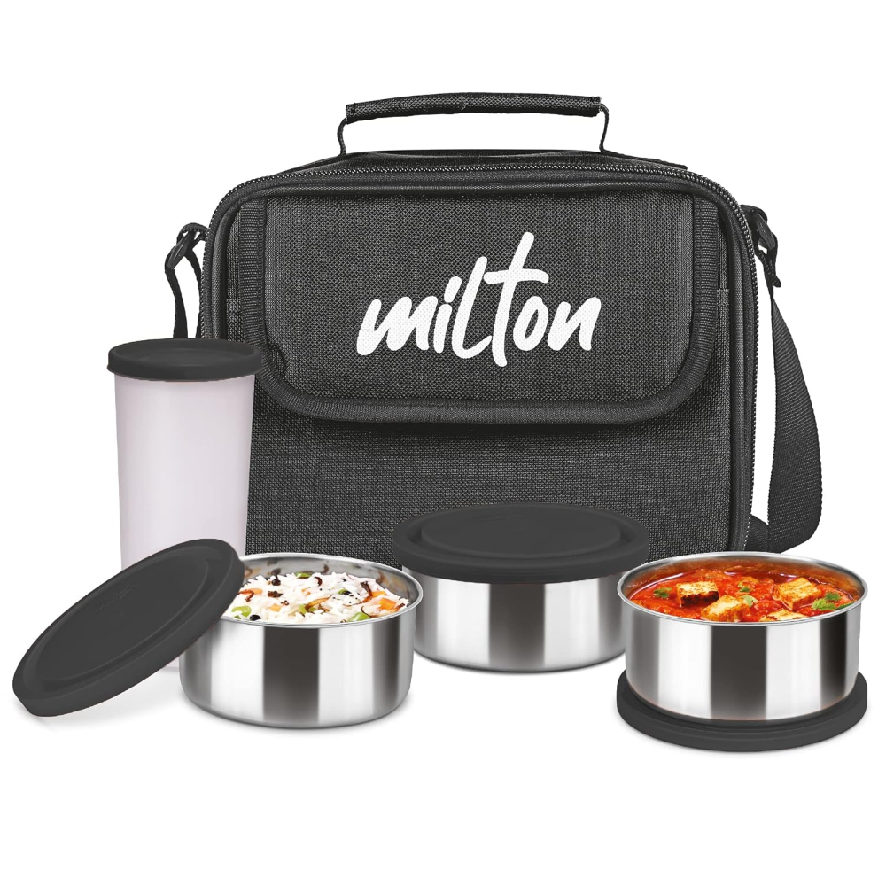 Milton New Steel Combo Leak Proof Lunch Box, 3 Containers and 1 Tumbler with Jacket, Set of 4, Black
