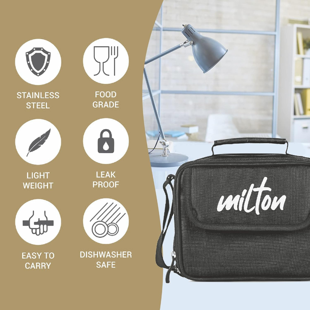 Milton New Steel Combo Leak Proof Lunch Box, 3 Containers and 1 Tumbler with Jacket, Set of 4, Black