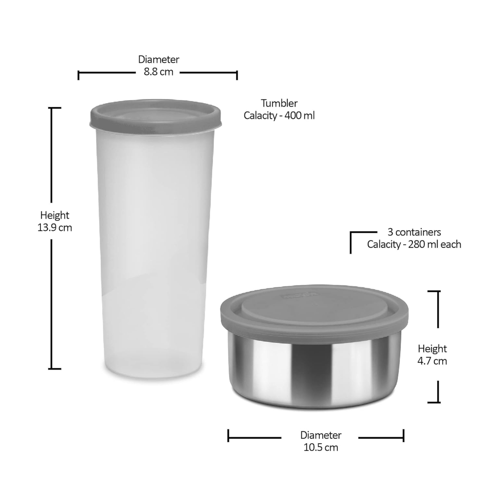 Milton New Steel Combo Leak Proof Lunch Box, 3 Containers and 1 Tumbler with Jacket, Set of 4, Black