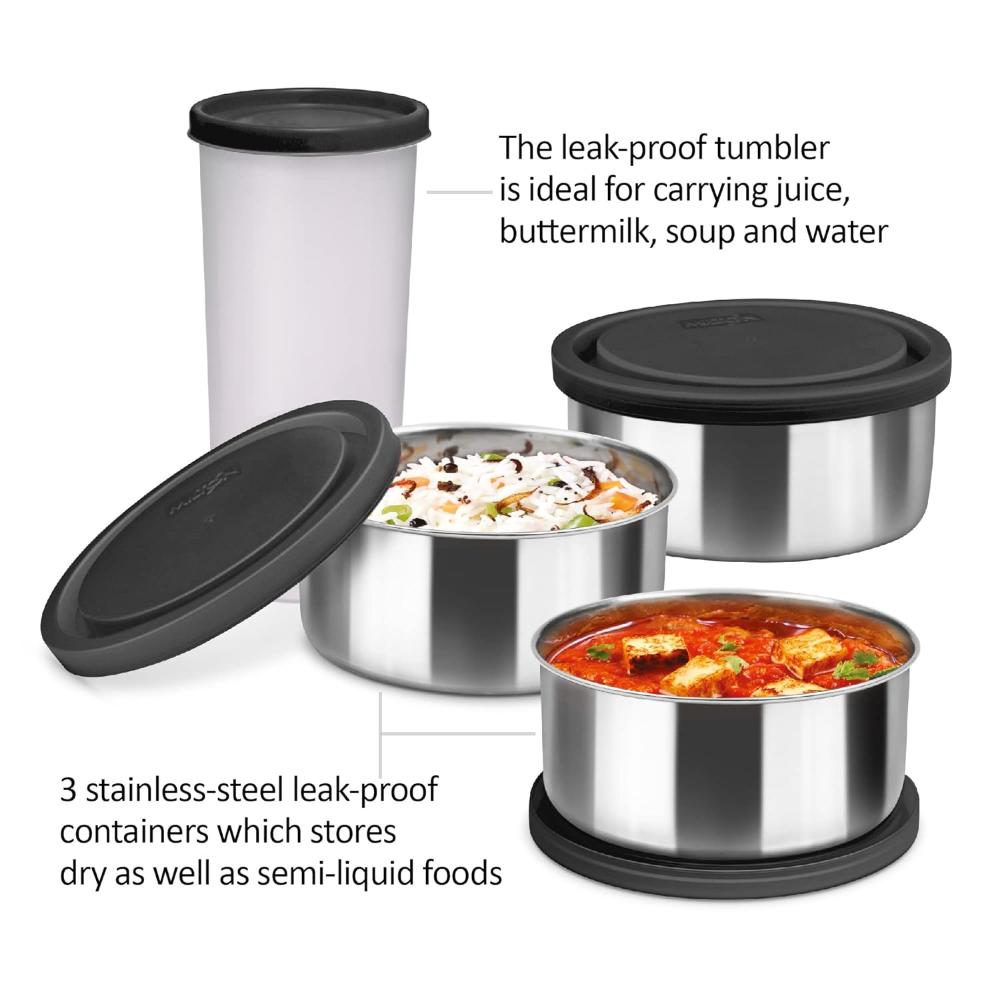 Milton New Steel Combo Leak Proof Lunch Box, 3 Containers and 1 Tumbler with Jacket, Set of 4, Black
