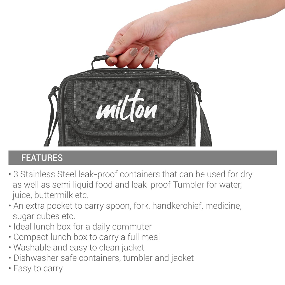 Milton New Steel Combo Leak Proof Lunch Box, 3 Containers and 1 Tumbler with Jacket, Set of 4, Black