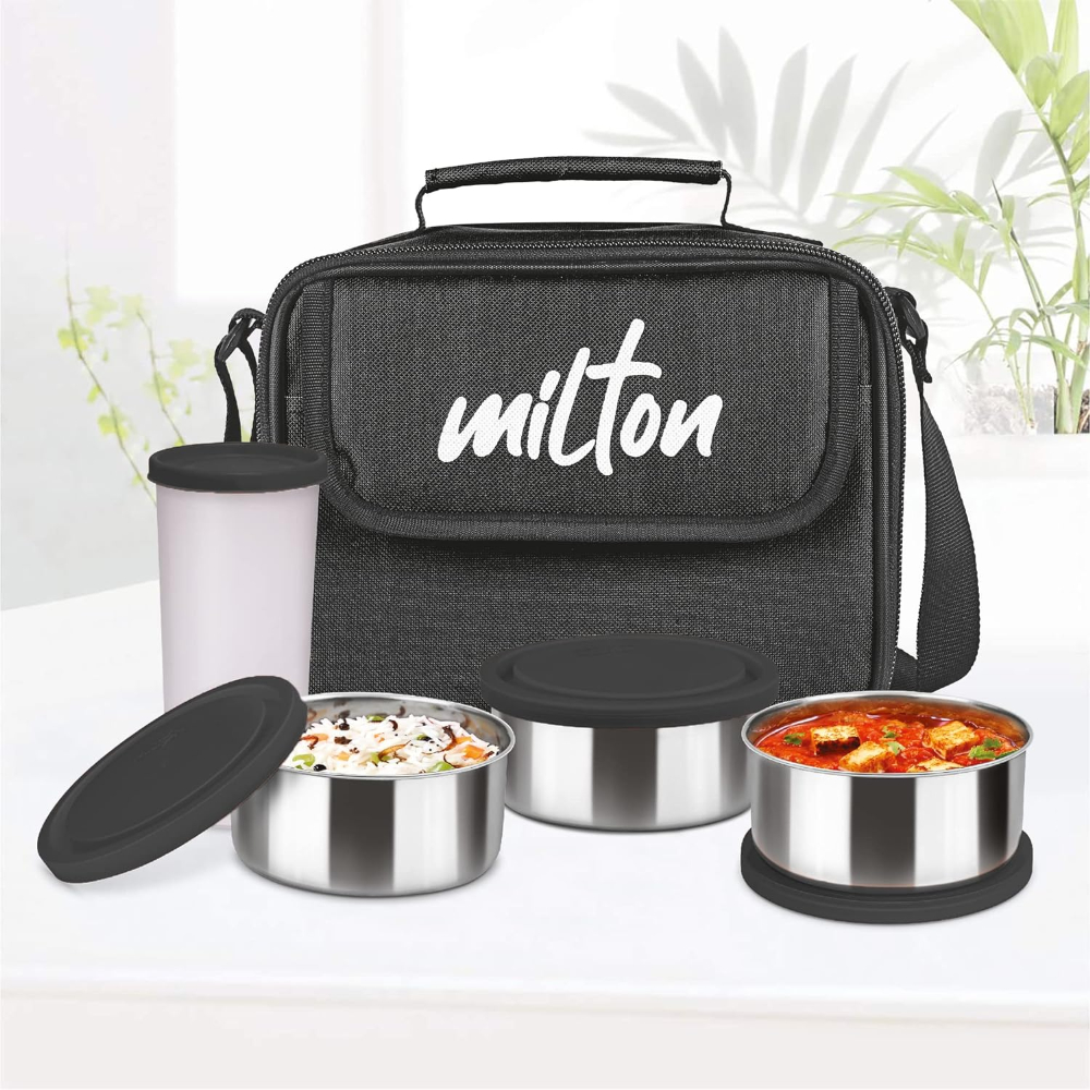 Milton New Steel Combo Leak Proof Lunch Box, 3 Containers and 1 Tumbler with Jacket, Set of 4, Black