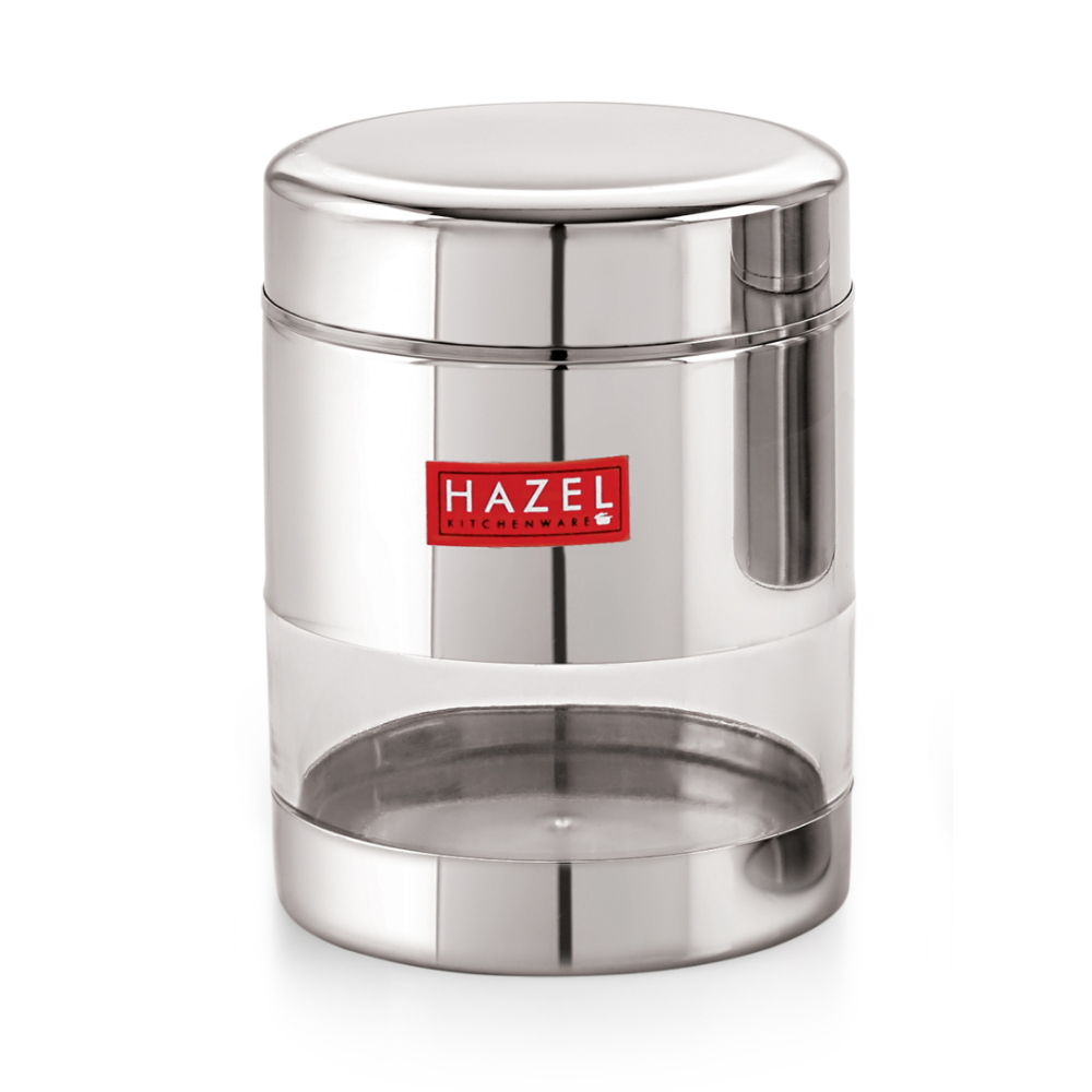 HAZEL Stainless Steel Transparent Glossy See Through Container, Silver, 500 ML