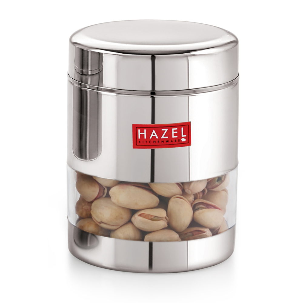 HAZEL Stainless Steel Transparent Glossy See Through Container, Silver, 500 ML