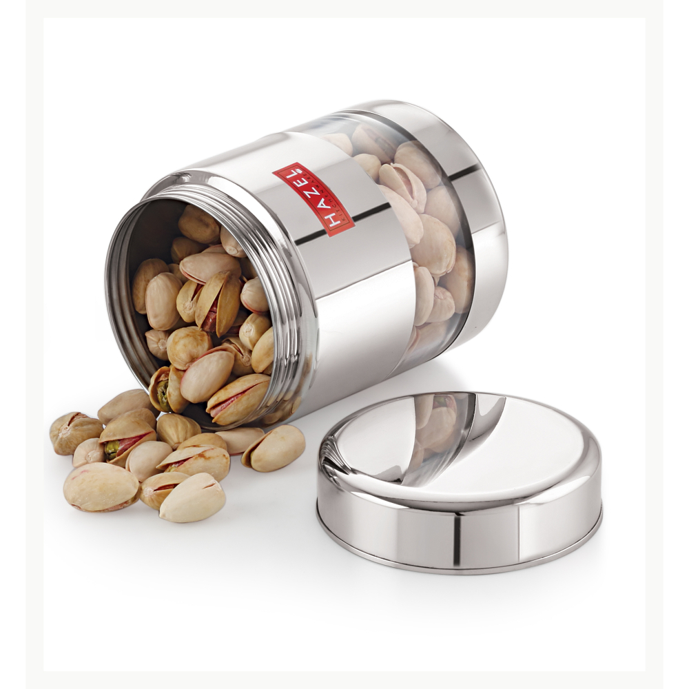 HAZEL Stainless Steel Transparent Glossy See Through Container, Silver, 500 ML
