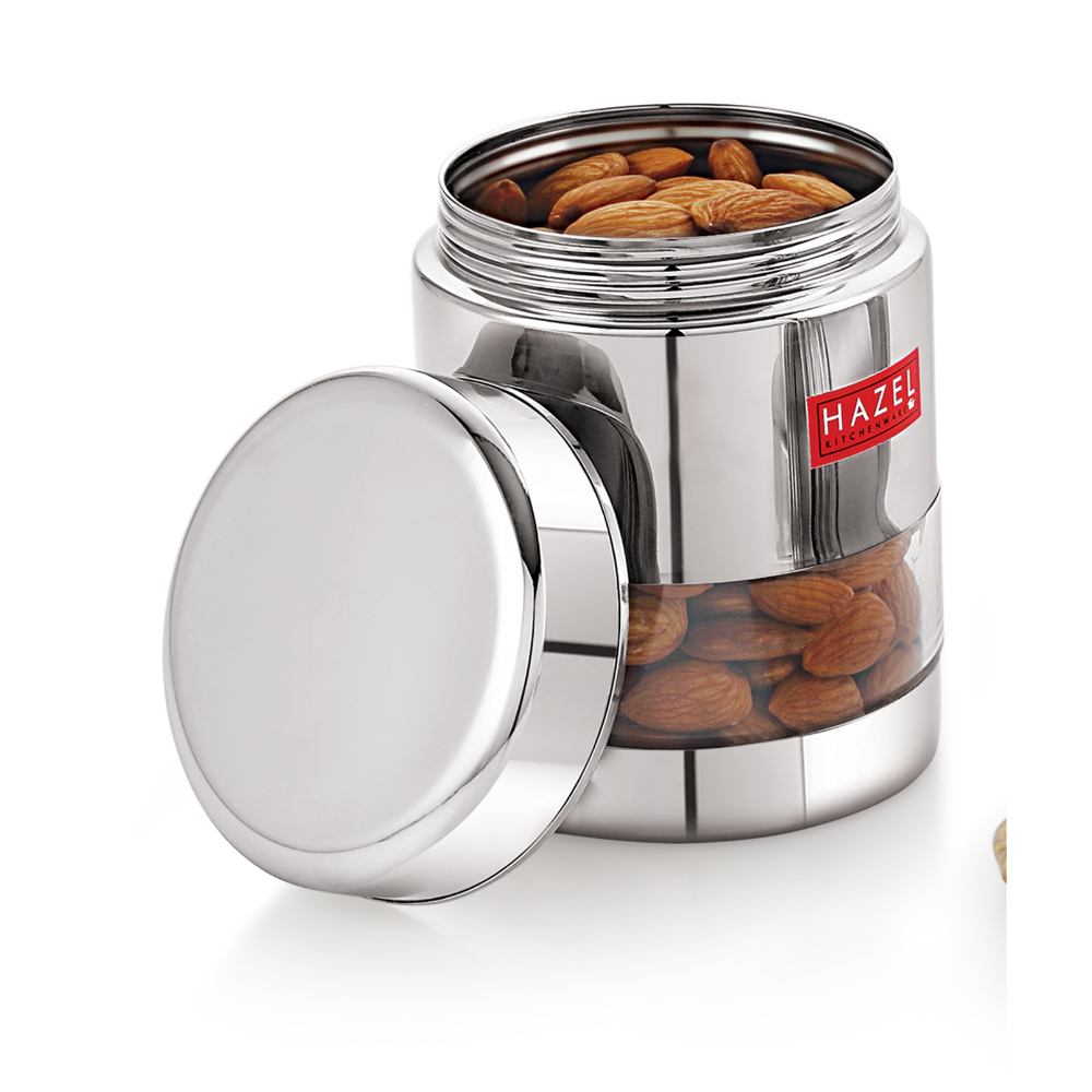 HAZEL Stainless Steel Transparent Glossy See Through Container, Silver, 500 ML