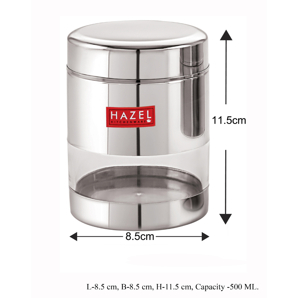 HAZEL Stainless Steel Transparent Glossy See Through Container, Silver, 500 ML