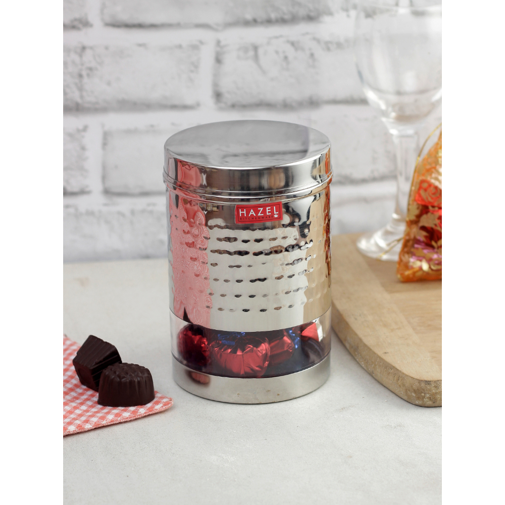HAZEL Stainless Steel Hammered Finish Transparent Glossy See Through Container, 600 ML, Silver