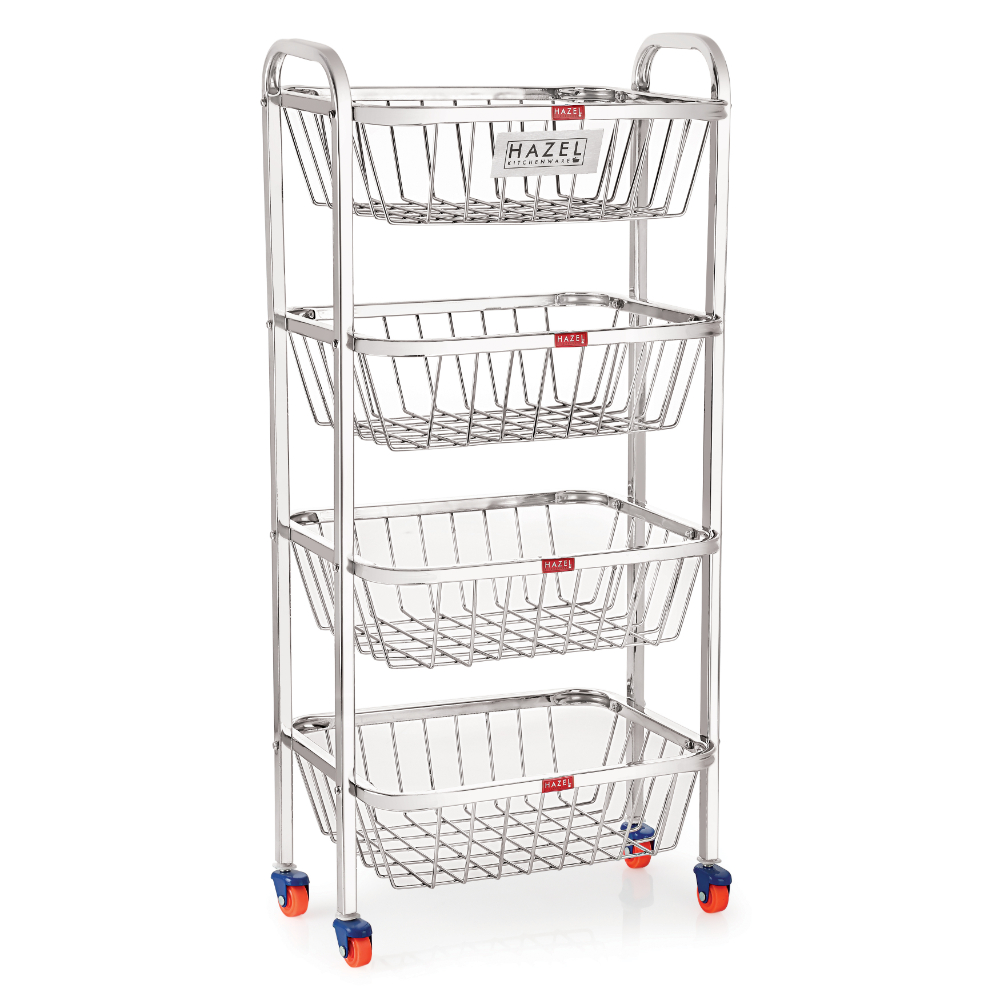 HAZEL Stainless Steel Fruit Baskets | 32.8 Inches Height Fruit and Vegetable Trolly basket 4 Layer | Stand for Kitchen Rack | Multipurpose Fruit Basket Steel Trolley with Wheels