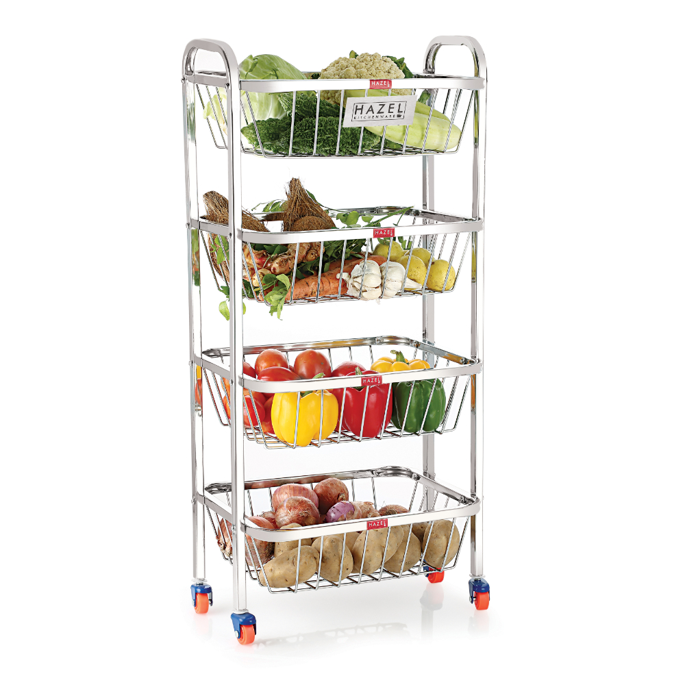 HAZEL Stainless Steel Fruit Baskets | 32.8 Inches Height Fruit and Vegetable Trolly basket 4 Layer | Stand for Kitchen Rack | Multipurpose Fruit Basket Steel Trolley with Wheels