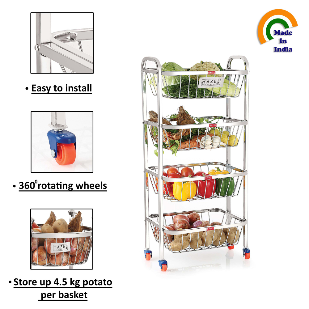 HAZEL Stainless Steel Fruit Baskets | 32.8 Inches Height Fruit and Vegetable Trolly basket 4 Layer | Stand for Kitchen Rack | Multipurpose Fruit Basket Steel Trolley with Wheels