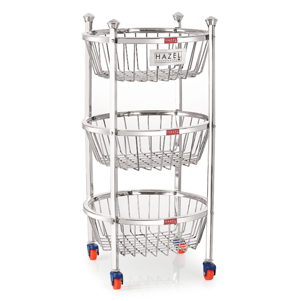 HAZEL Stainless Steel Fruit Vegetable Basket Kitchen Storage Trolley Rack Round Stand with Wheel, 3 Layer, 14.2 x 24.4 Inches