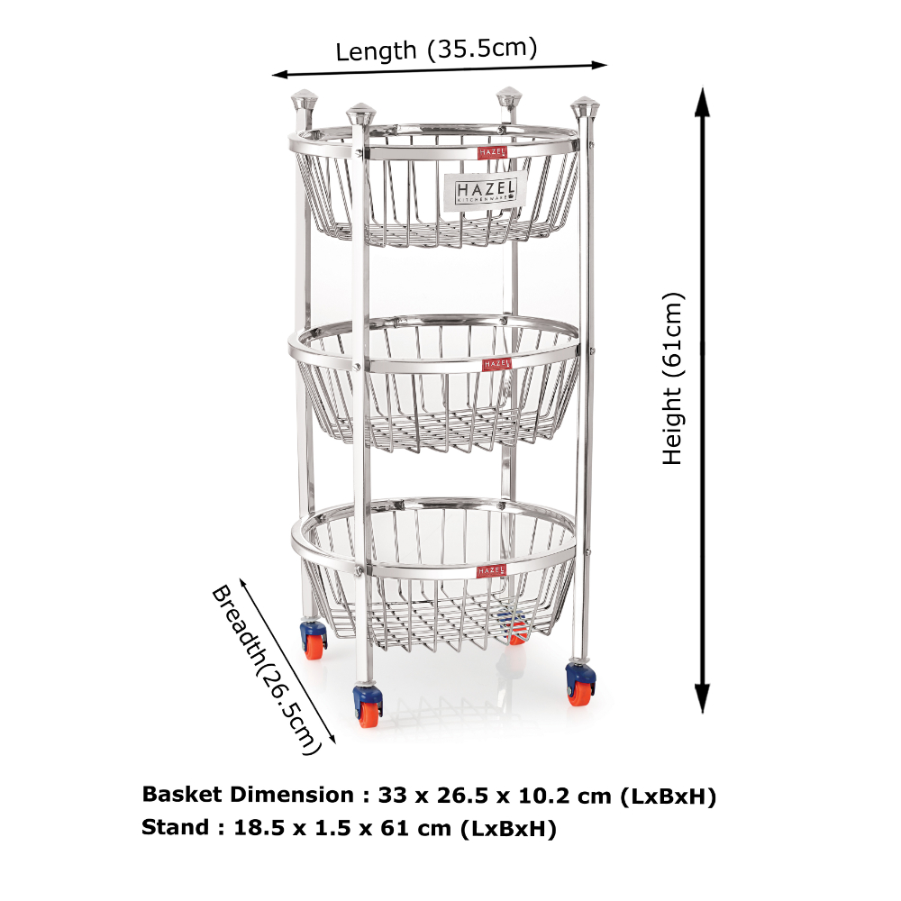HAZEL Stainless Steel Fruit Vegetable Basket Kitchen Storage Trolley Rack Round Stand with Wheel, 3 Layer, 14.2 x 24.4 Inches