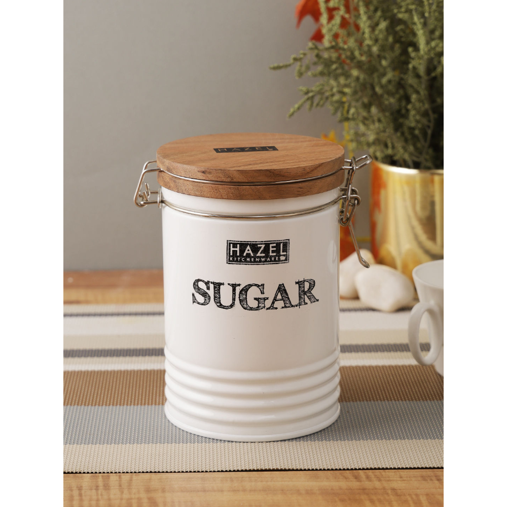 HAZEL Sugar Container with Wooden Lid for Kitchen | Sugar Storage Box For Kitchen | Food Grade Kitchen Container with Name, 1110 ML, White