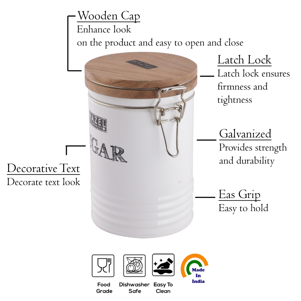 HAZEL Sugar Container with Wooden Lid for Kitchen | Sugar Storage Box For Kitchen | Food Grade Kitchen Container with Name, 1110 ML, White