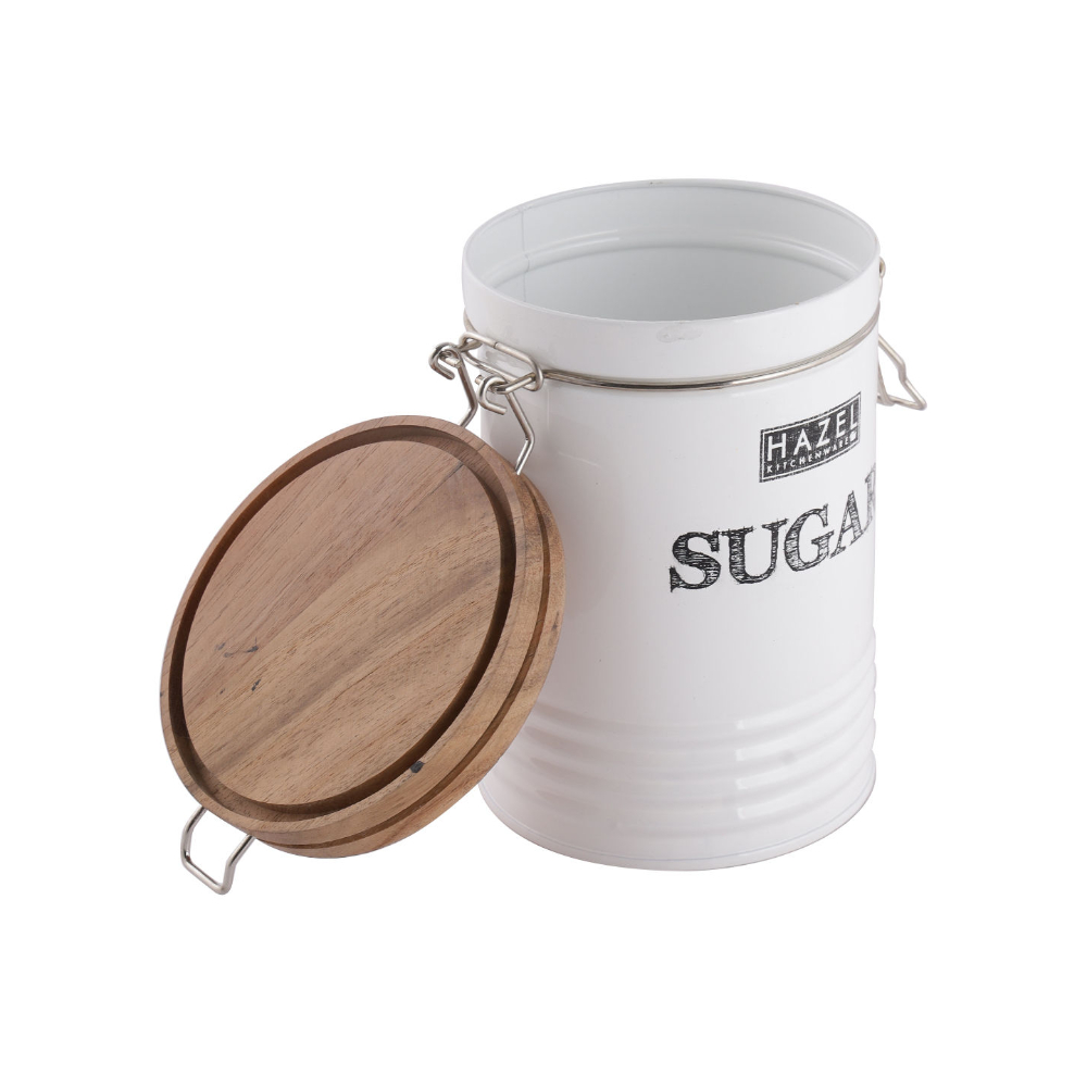 HAZEL Sugar Container with Wooden Lid for Kitchen | Sugar Storage Box For Kitchen | Food Grade Kitchen Container with Name, 1110 ML, White