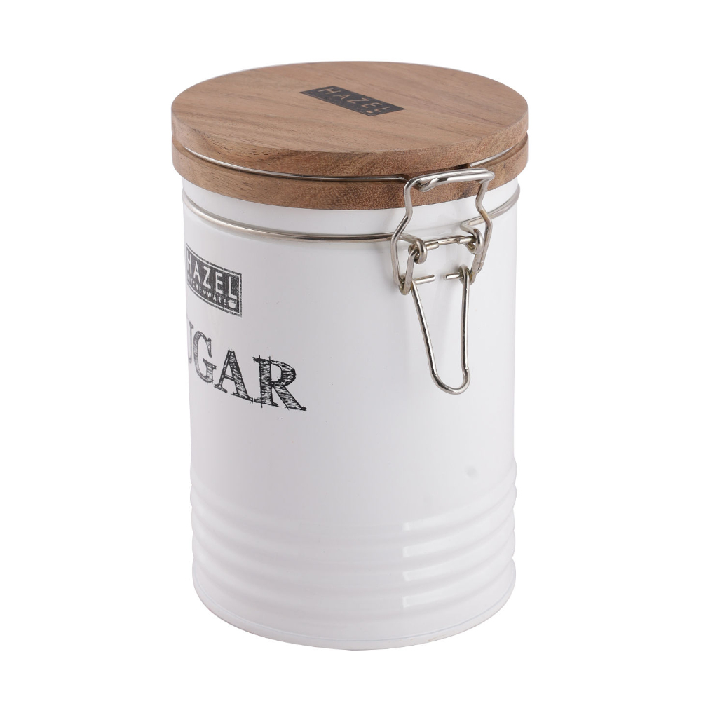 HAZEL Sugar Container with Wooden Lid for Kitchen | Sugar Storage Box For Kitchen | Food Grade Kitchen Container with Name, 1110 ML, White