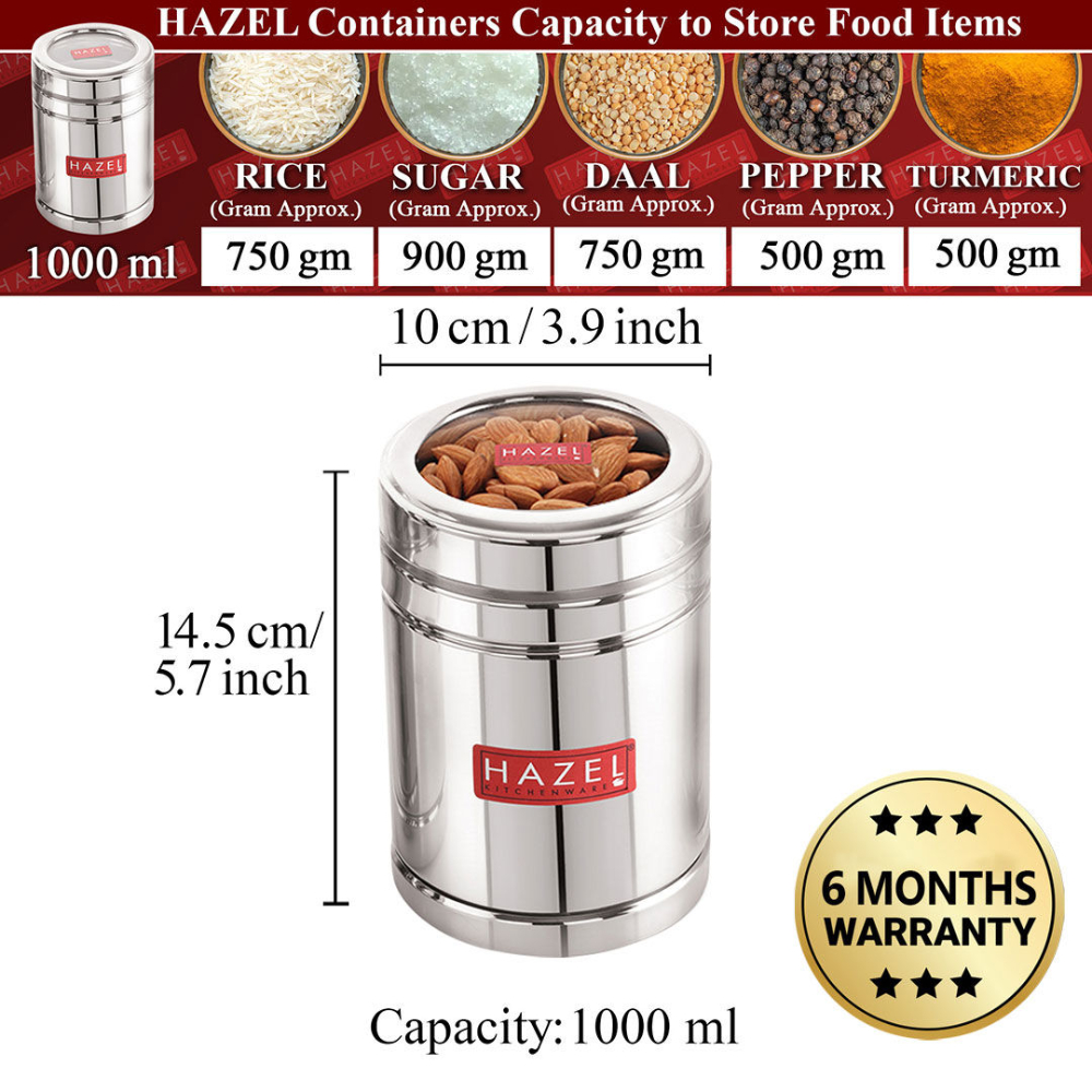 HAZEL Steel Tea Container with Transparent Lid | Transparent Lid Tea Powder Storage Box For Kitchen |Food Grade Steel Kitchen Container , 1000 ML