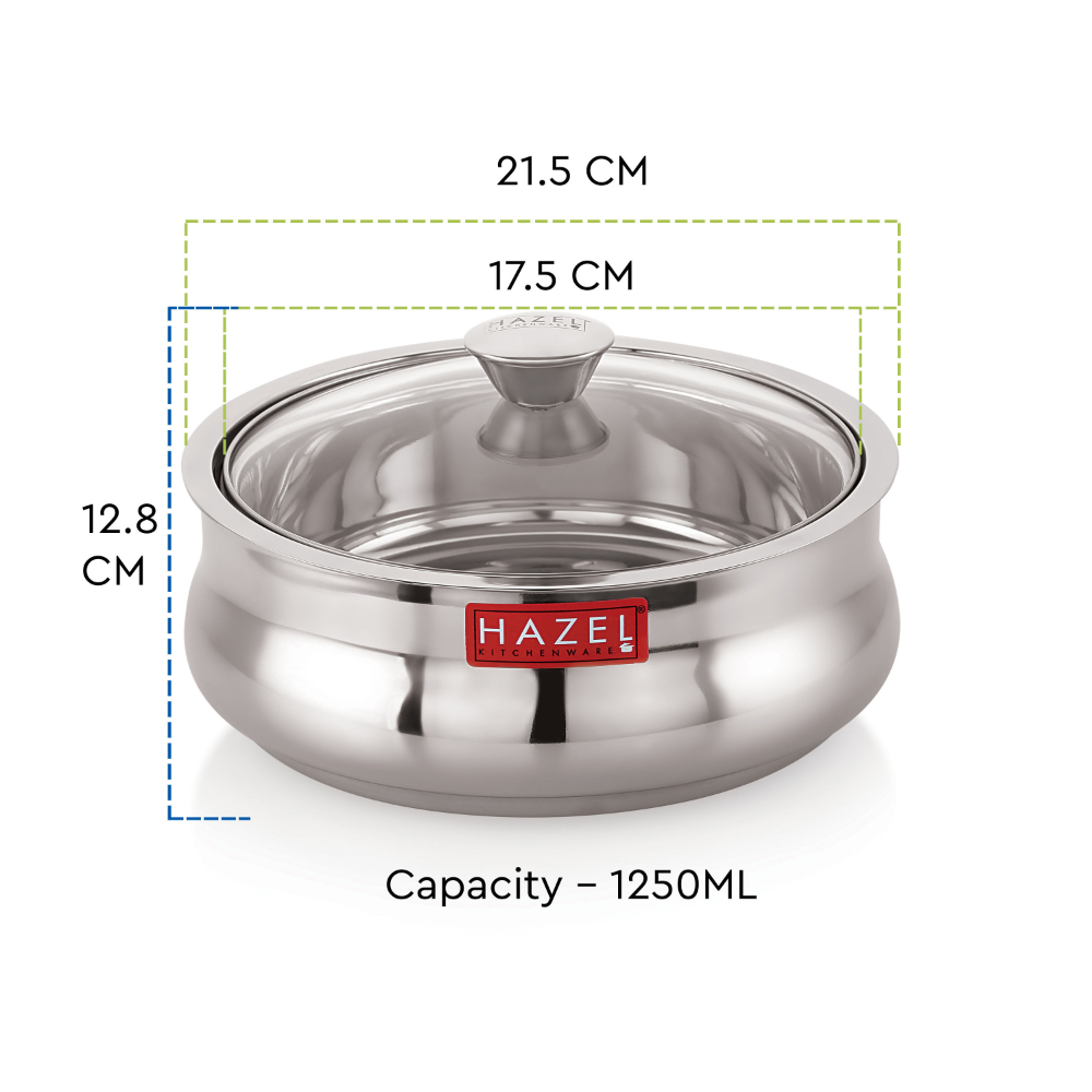 HAZEL Stainless Steel Casserole for Roti With Glass Lid | Chapati Casserole with Transparent Lid | Steel Roti Dabba for Serving | Hotcase for food serving, 1250 ML, Silver