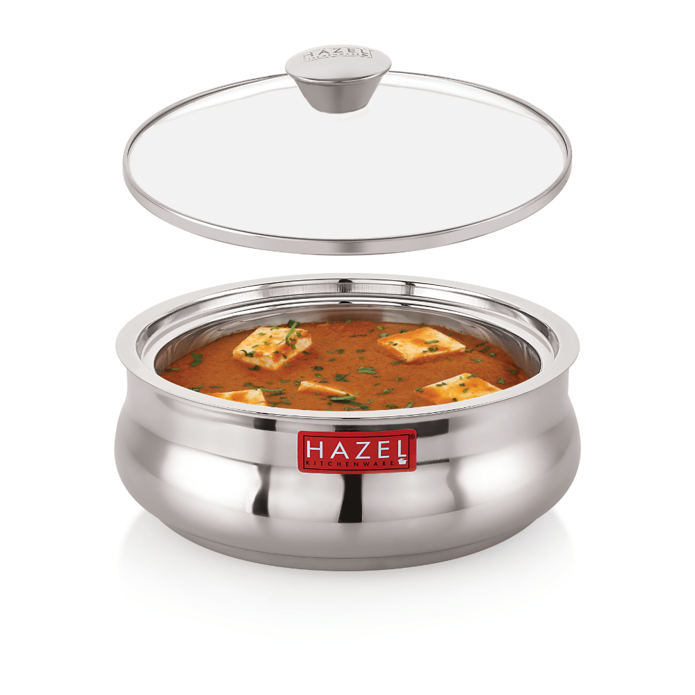 HAZEL Stainless Steel Casserole for Roti With Glass Lid | Chapati Casserole with Transparent Lid | Steel Roti Dabba for Serving | Hotcase for food serving, 1250 ML, Silver