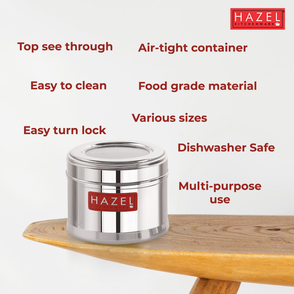 HAZEL Masala Box for Kitchen with Airtight Lid | Stainless Steel Top See Through Storage Containers for Kitchen Air tight, 300 ML
