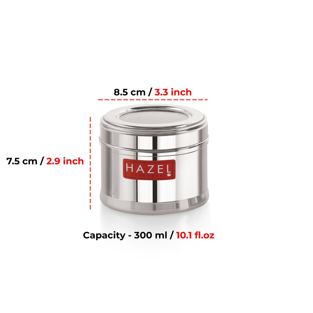 HAZEL Masala Box for Kitchen with Airtight Lid | Stainless Steel Top See Through Storage Containers for Kitchen Air tight, 300 ML