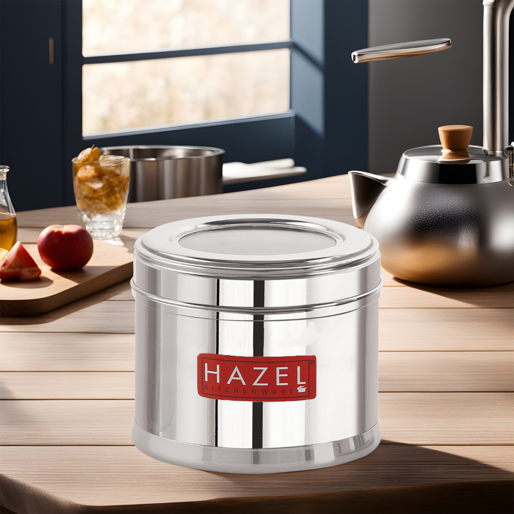 HAZEL Stainless Steel Containers for Kitchen | Top See Through Stainless Steel Airtight Masala Box for Kitchen Storage with Airtight Lid, 750 ML