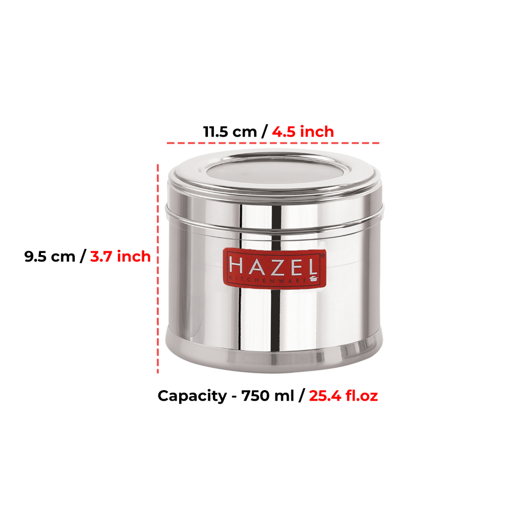 HAZEL Stainless Steel Containers for Kitchen | Top See Through Stainless Steel Airtight Masala Box for Kitchen Storage with Airtight Lid, 750 ML