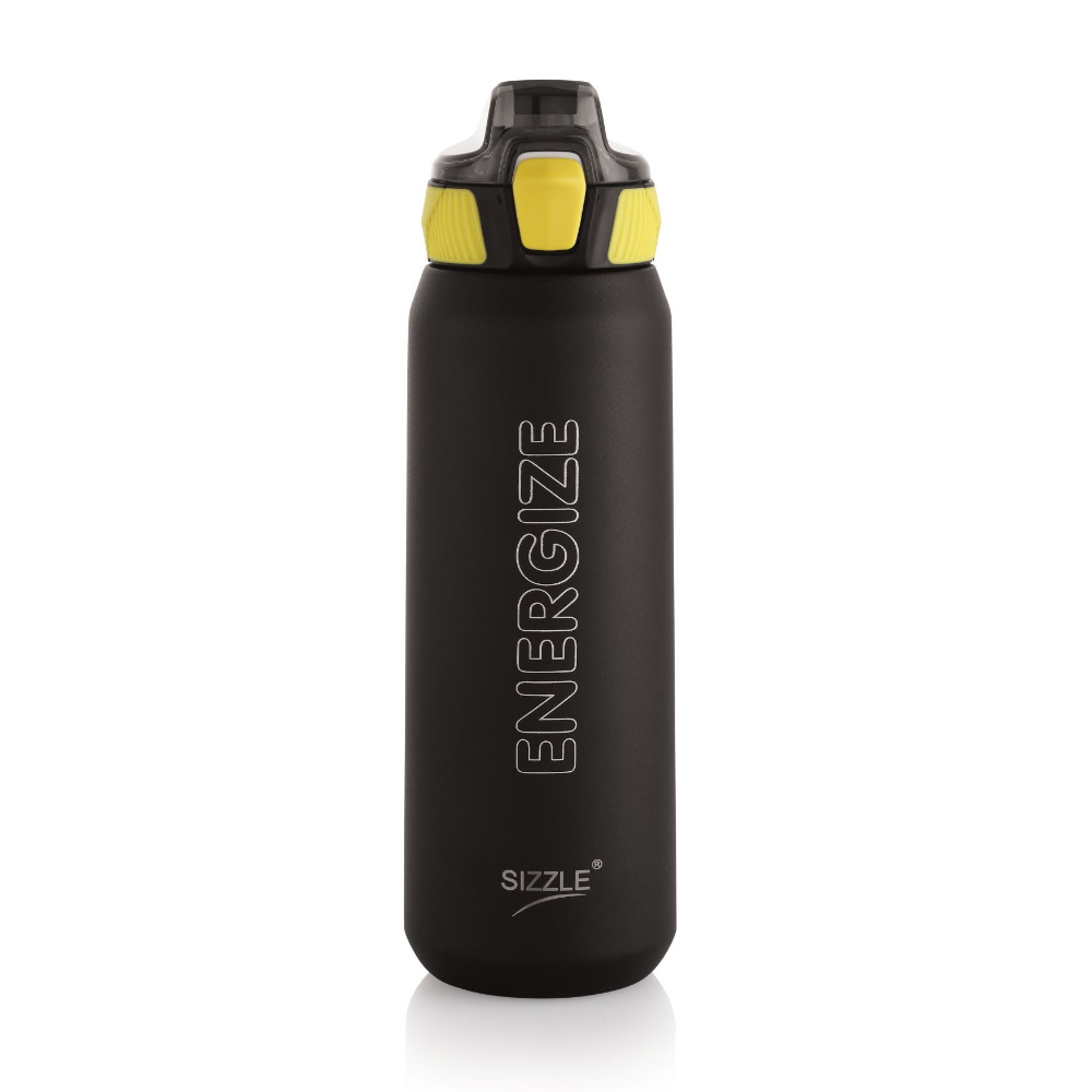 Sizzle Iris Vacuum Insulated Flask Double Wall Hot & Cold Sipper Water Bottle with Press Button Mechanism for One Hand Use | 800 ML | Keeps 12 Hours Hot Or 24 Hours Cold | Black
