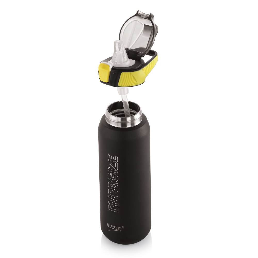 Sizzle Iris Vacuum Insulated Flask Double Wall Hot & Cold Sipper Water Bottle with Press Button Mechanism for One Hand Use | 800 ML | Keeps 12 Hours Hot Or 24 Hours Cold | Black
