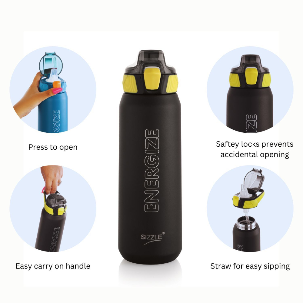 Sizzle Iris Vacuum Insulated Flask Double Wall Hot & Cold Sipper Water Bottle with Press Button Mechanism for One Hand Use | 800 ML | Keeps 12 Hours Hot Or 24 Hours Cold | Black