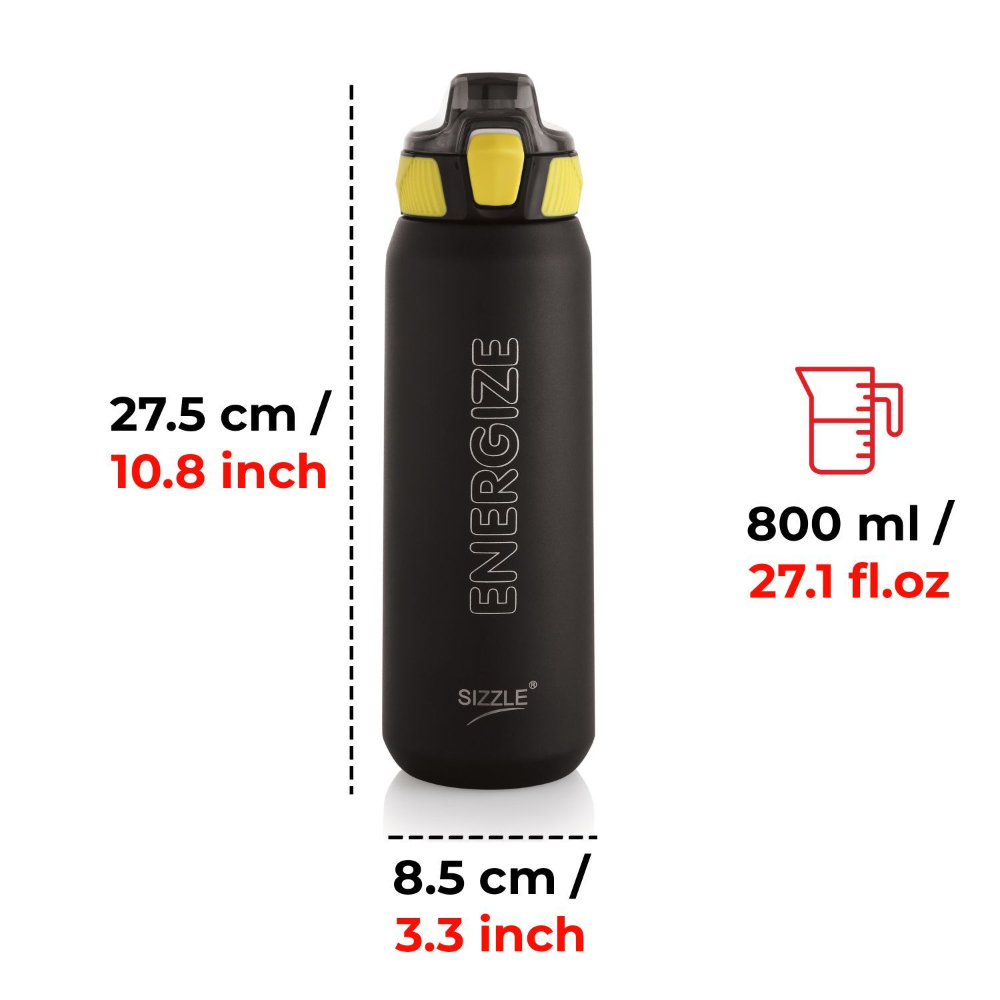 Sizzle Iris Vacuum Insulated Flask Double Wall Hot & Cold Sipper Water Bottle with Press Button Mechanism for One Hand Use | 800 ML | Keeps 12 Hours Hot Or 24 Hours Cold | Black