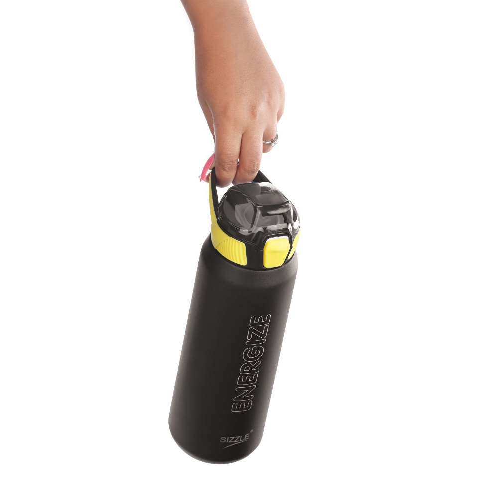 Sizzle Iris Vacuum Insulated Flask Double Wall Hot & Cold Sipper Water Bottle with Press Button Mechanism for One Hand Use | 800 ML | Keeps 12 Hours Hot Or 24 Hours Cold | Black