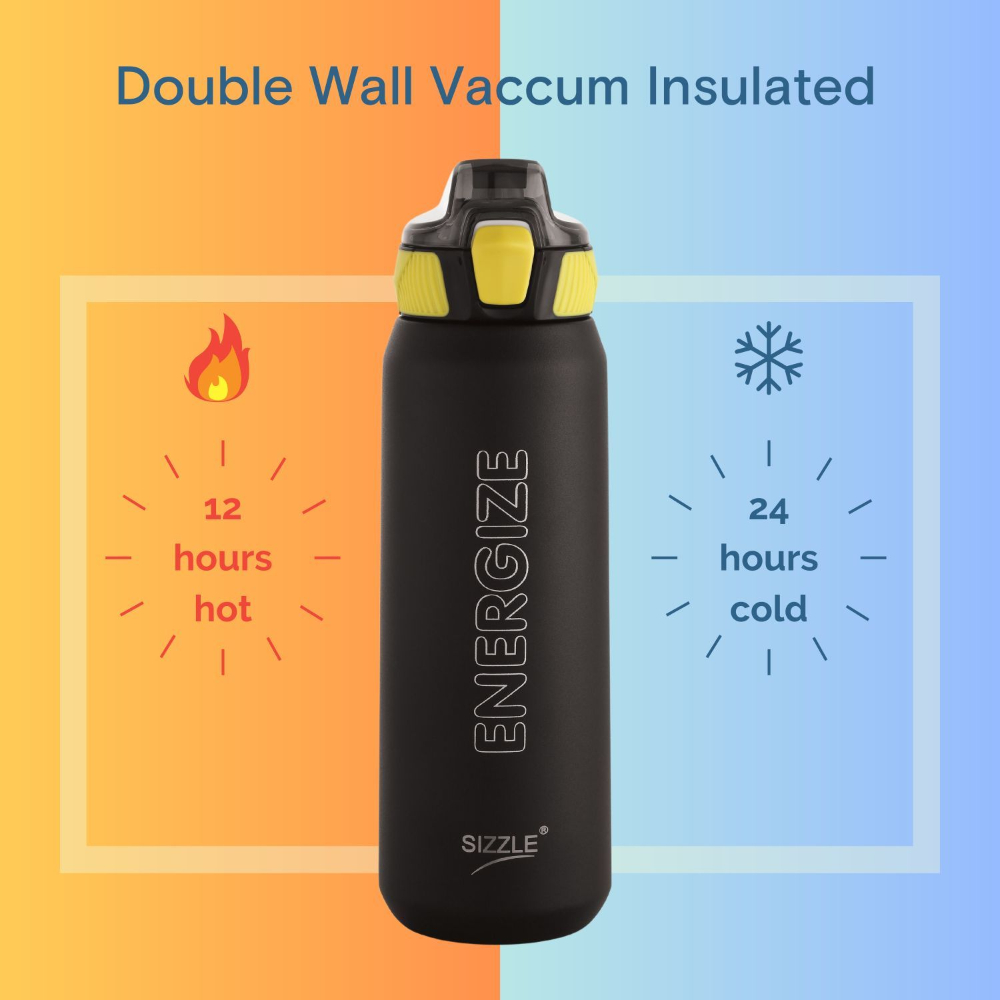Sizzle Iris Vacuum Insulated Flask Double Wall Hot & Cold Sipper Water Bottle with Press Button Mechanism for One Hand Use | 800 ML | Keeps 12 Hours Hot Or 24 Hours Cold | Black