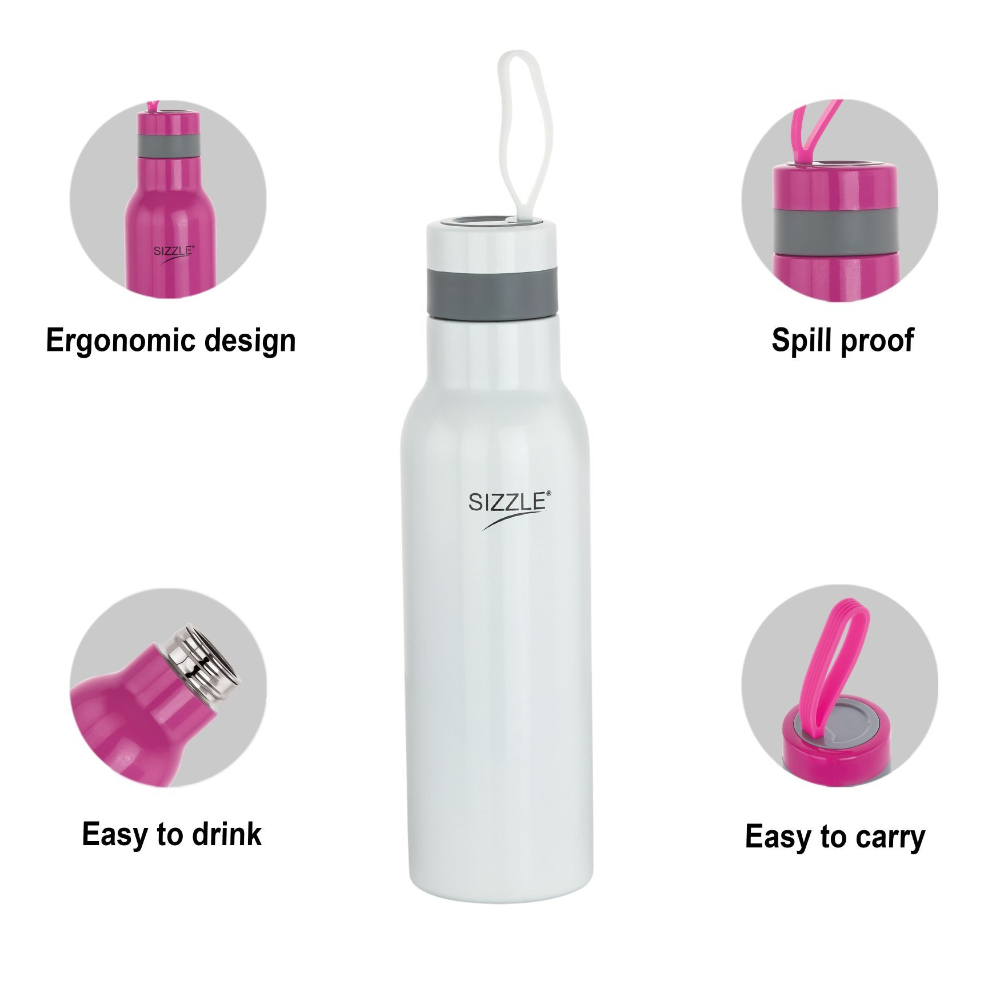 Sizzle Modern Stainless Steel Lightweight Leakproof Water Bottle, 1000 ML, White