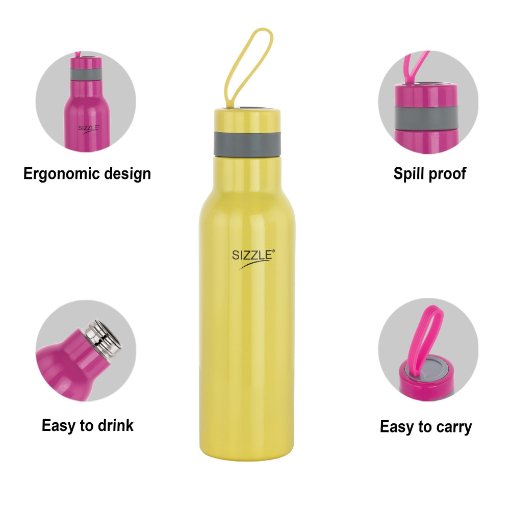 Sizzle Modern Stainless Steel Lightweight Leakproof Water Bottle, 1000 ML, Yellow
