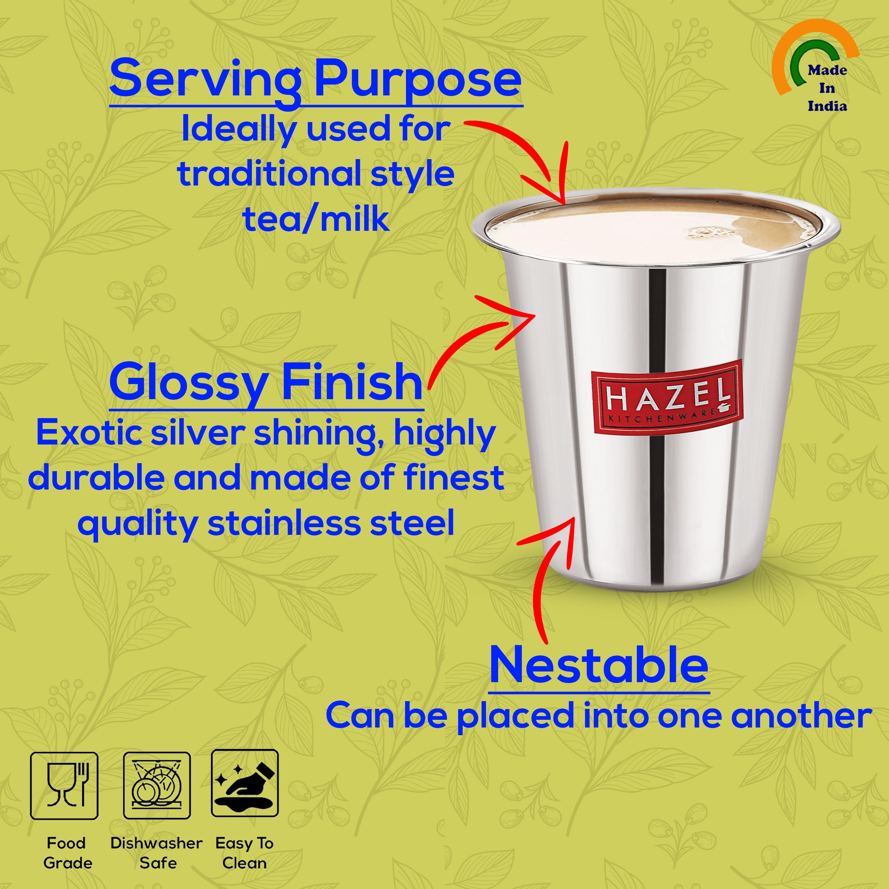 HAZEL Stainless Steel Tea Glasses Set of 1 | Unbreakable Drinking Glasses with Glossy Finish, 200 ML