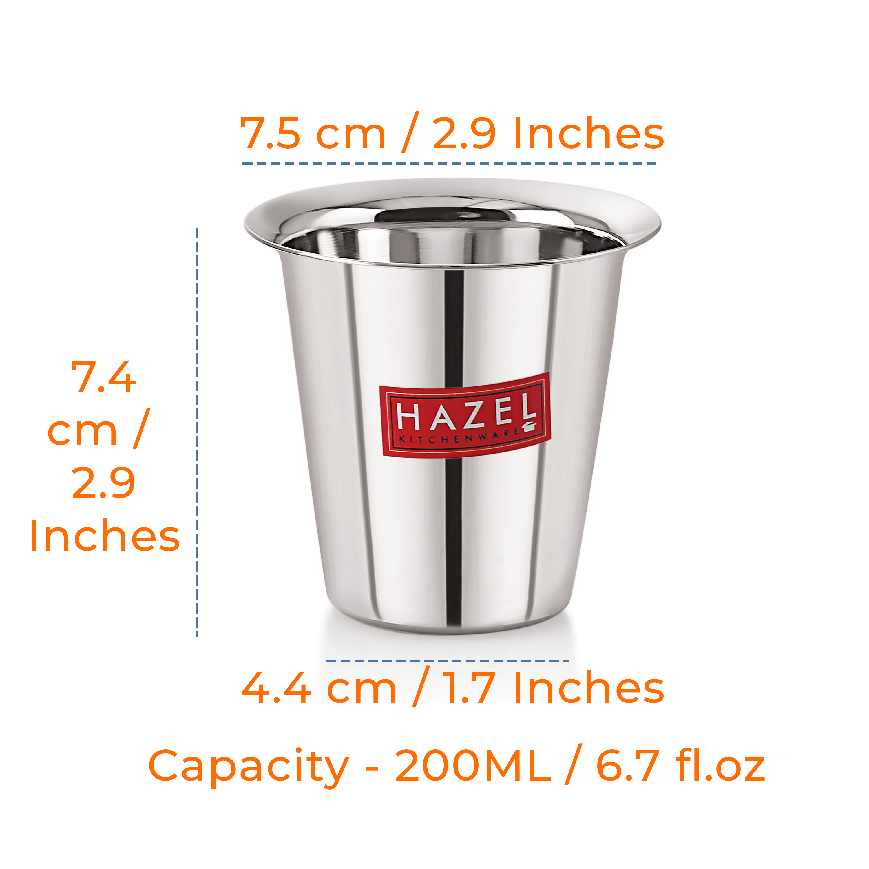 HAZEL Stainless Steel Tea Glasses Set of 1 | Unbreakable Drinking Glasses with Glossy Finish, 200 ML