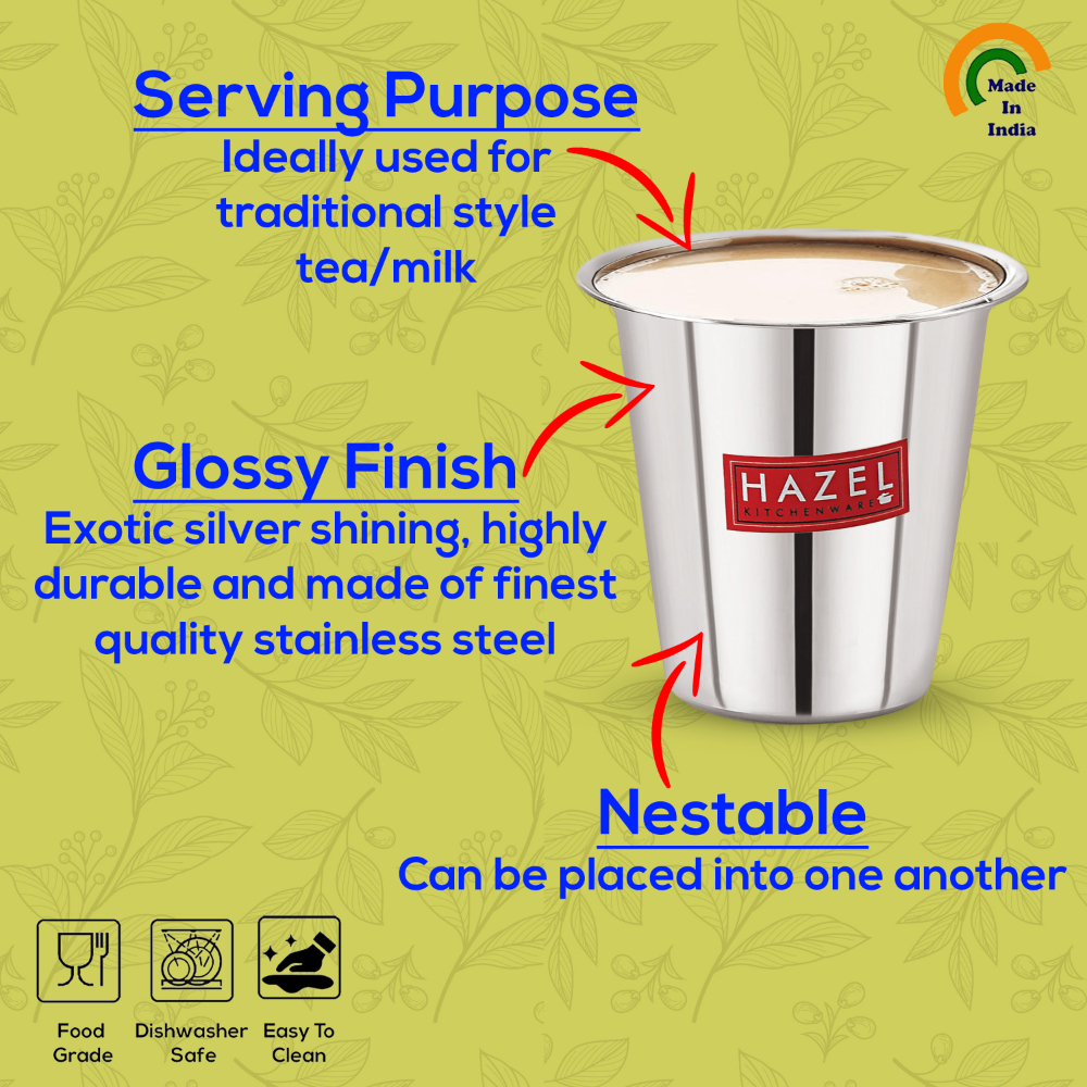 HAZEL Stainless Steel Tea Glasses Set of 1 | Unbreakable Drinking Glasses with Glossy Finish, 200 ML