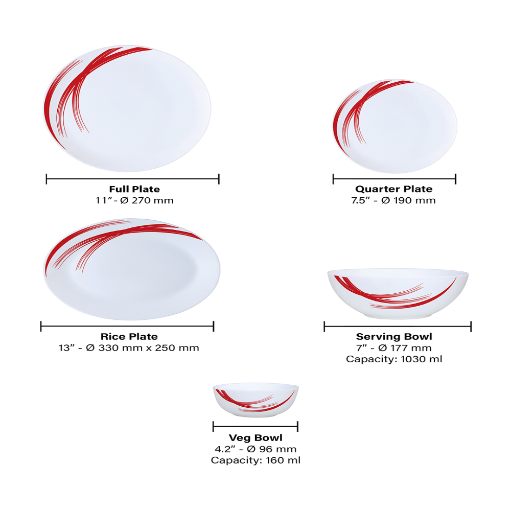 Larah by Borosil - Moon Series, Red Stella 21 Pieces Opalware Dinner Set, White