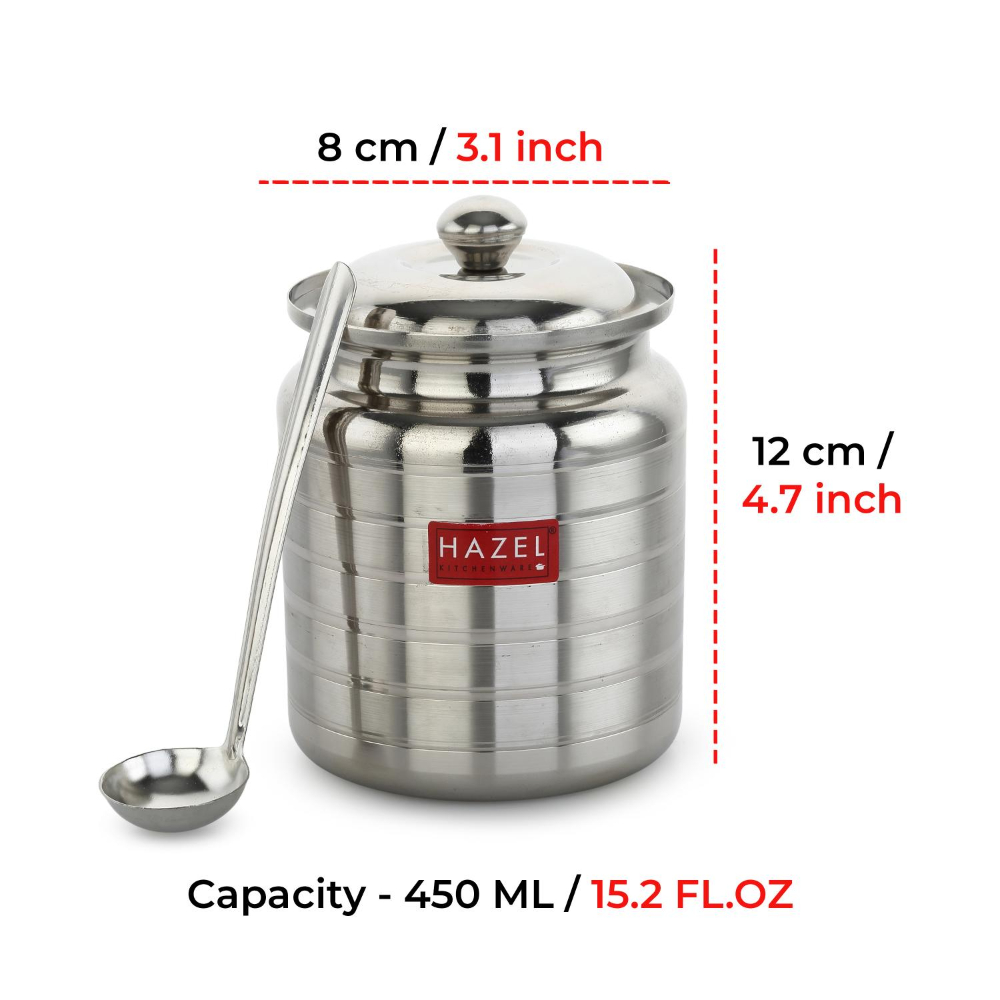 HAZEL Stainless Steel Ghee Pot with Spoon | Oil Containers for Kitchen with Lid, 450 ML