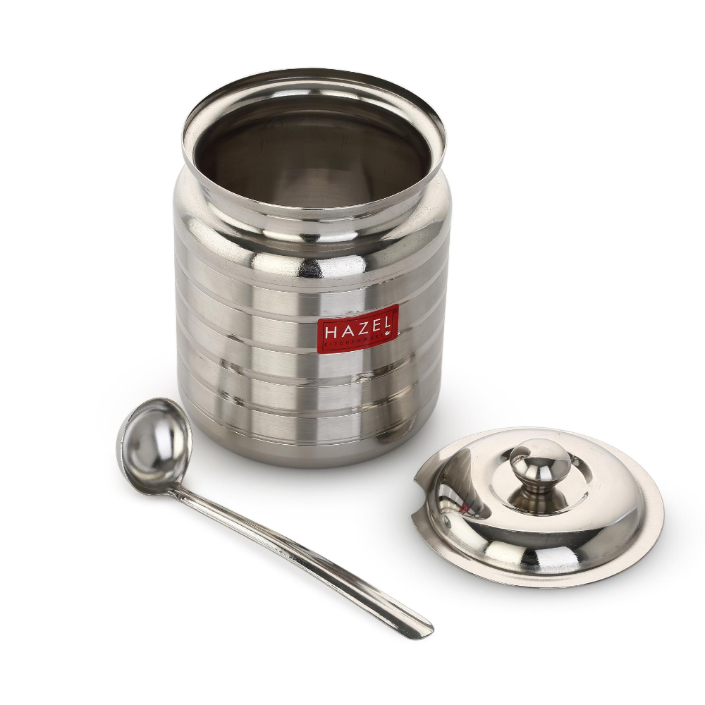 HAZEL Stainless Steel Ghee Pot with Spoon | Oil Containers for Kitchen with Lid, 450 ML