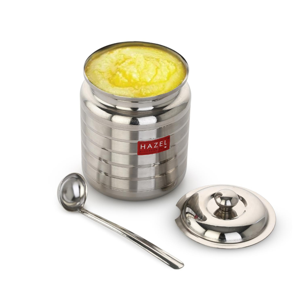 HAZEL Stainless Steel Ghee Pot with Spoon | Oil Containers for Kitchen with Lid, 450 ML