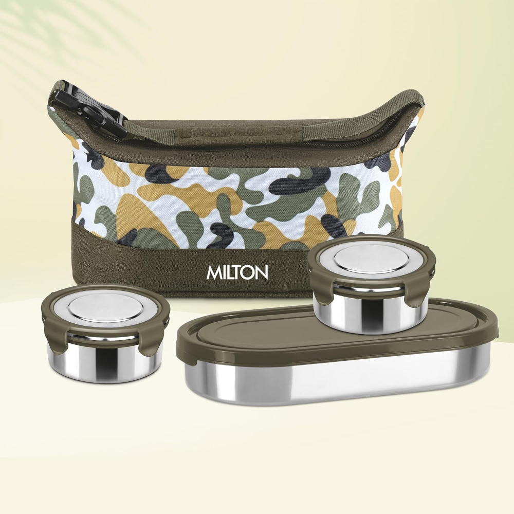 MILTON Camo Delight Stainless Steel Tiffin (2 Click Lock Round Containers, 380 ml Each; 1 Oval Container, 450 ml) with Insulated Jacket, Military Green