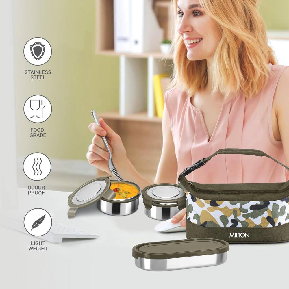 MILTON Camo Delight Stainless Steel Tiffin (2 Click Lock Round Containers, 380 ml Each; 1 Oval Container, 450 ml) with Insulated Jacket, Military Green