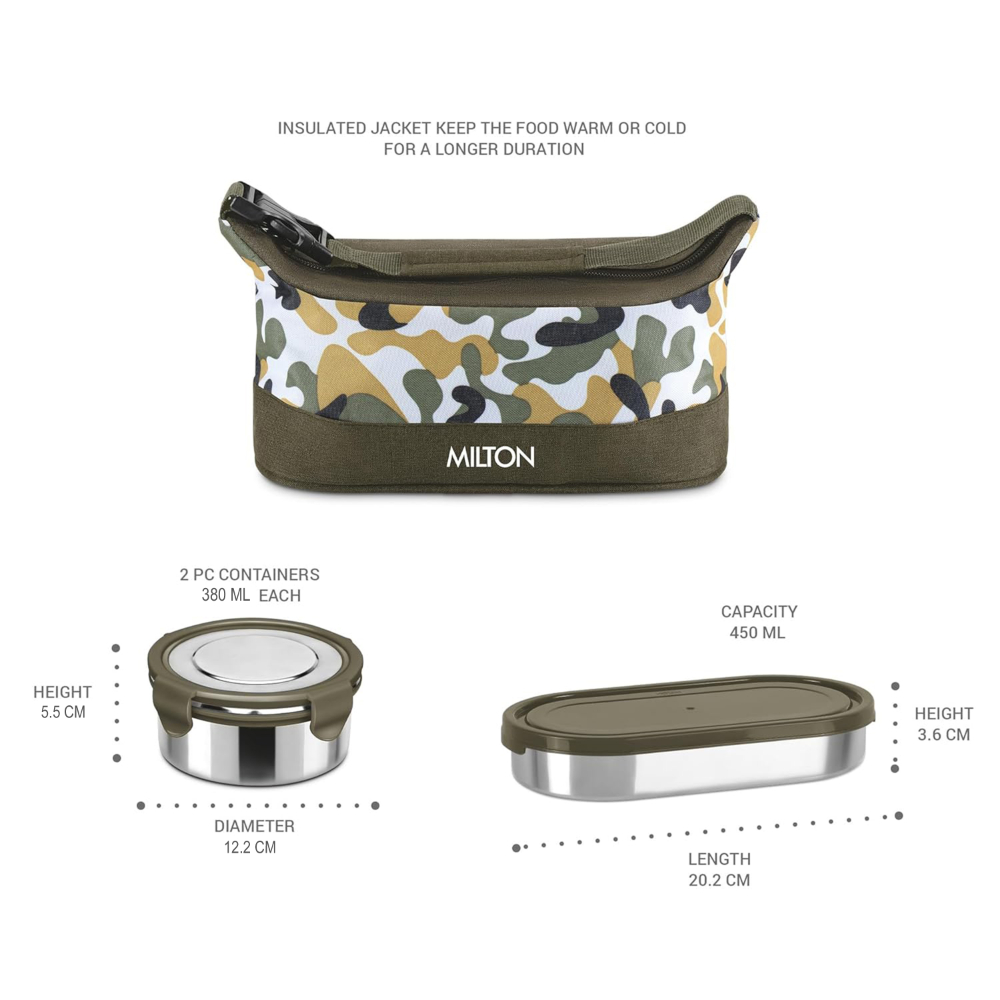 MILTON Camo Delight Stainless Steel Tiffin (2 Click Lock Round Containers, 380 ml Each; 1 Oval Container, 450 ml) with Insulated Jacket, Military Green