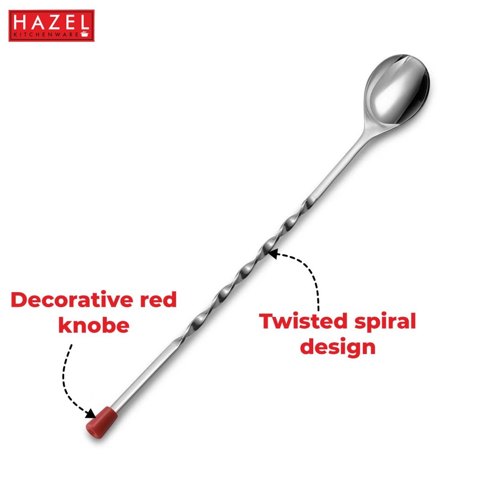 HAZEL Stainless Steel Bar Spoon | Teardrop Twisted Design Bar Stirrer With Red Knob
