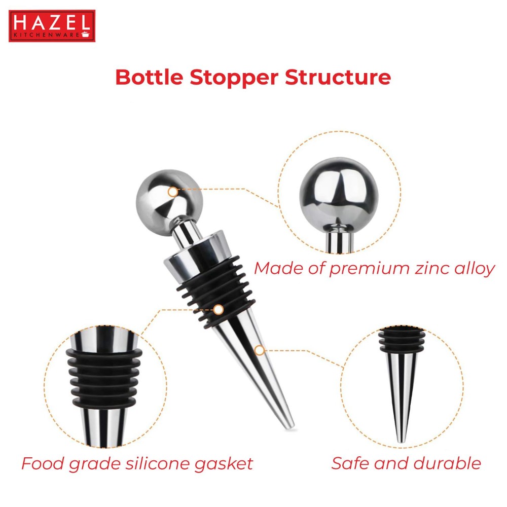 HAZEL Stainless Steel bottle cork | Wine Bottle Stopper with Rubber Grip, Silver